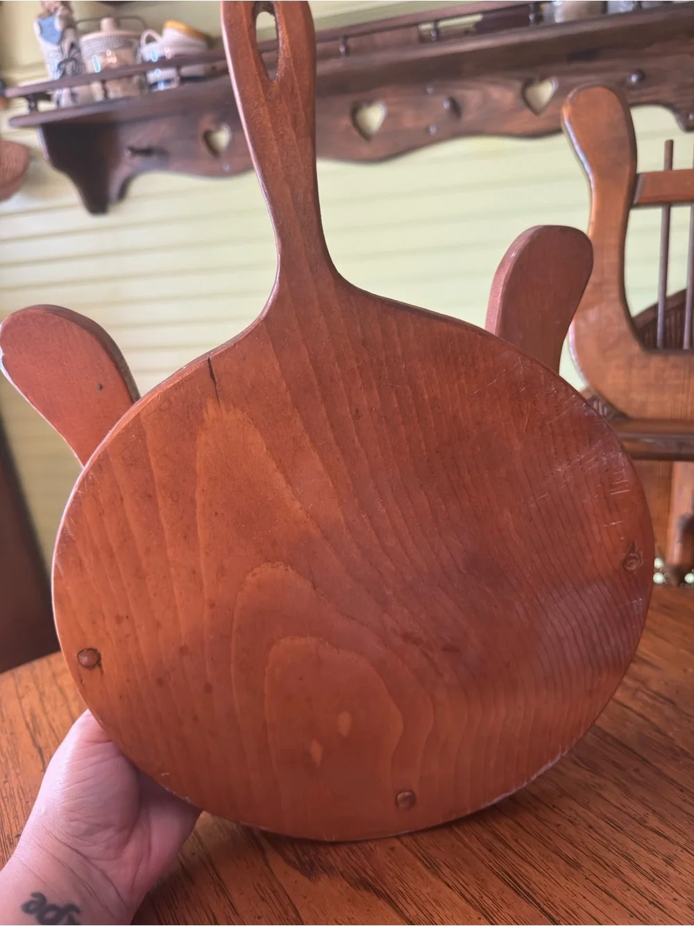 Vintage Rustic Lyre-Style Wooden Wall Shelf & Plate Holder Set